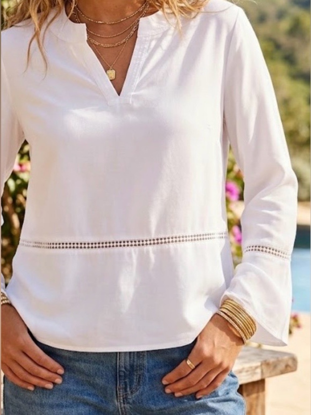 Fourteenth Place Women's SZ XL White V-Neck Long Bell Sleeve Blouse Crochet